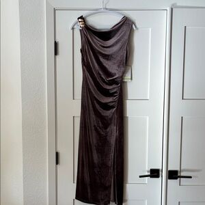 Taylor Brown Velvet pleated Dress with Drape Collar